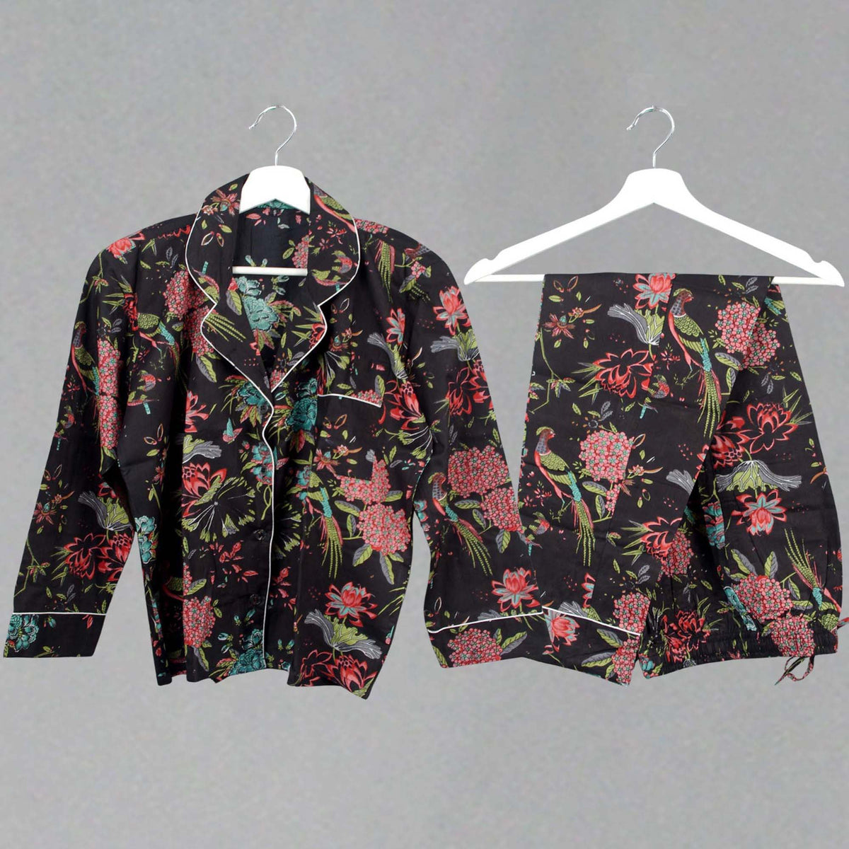 Long Cotton Pyjama Set - Black Bird Print