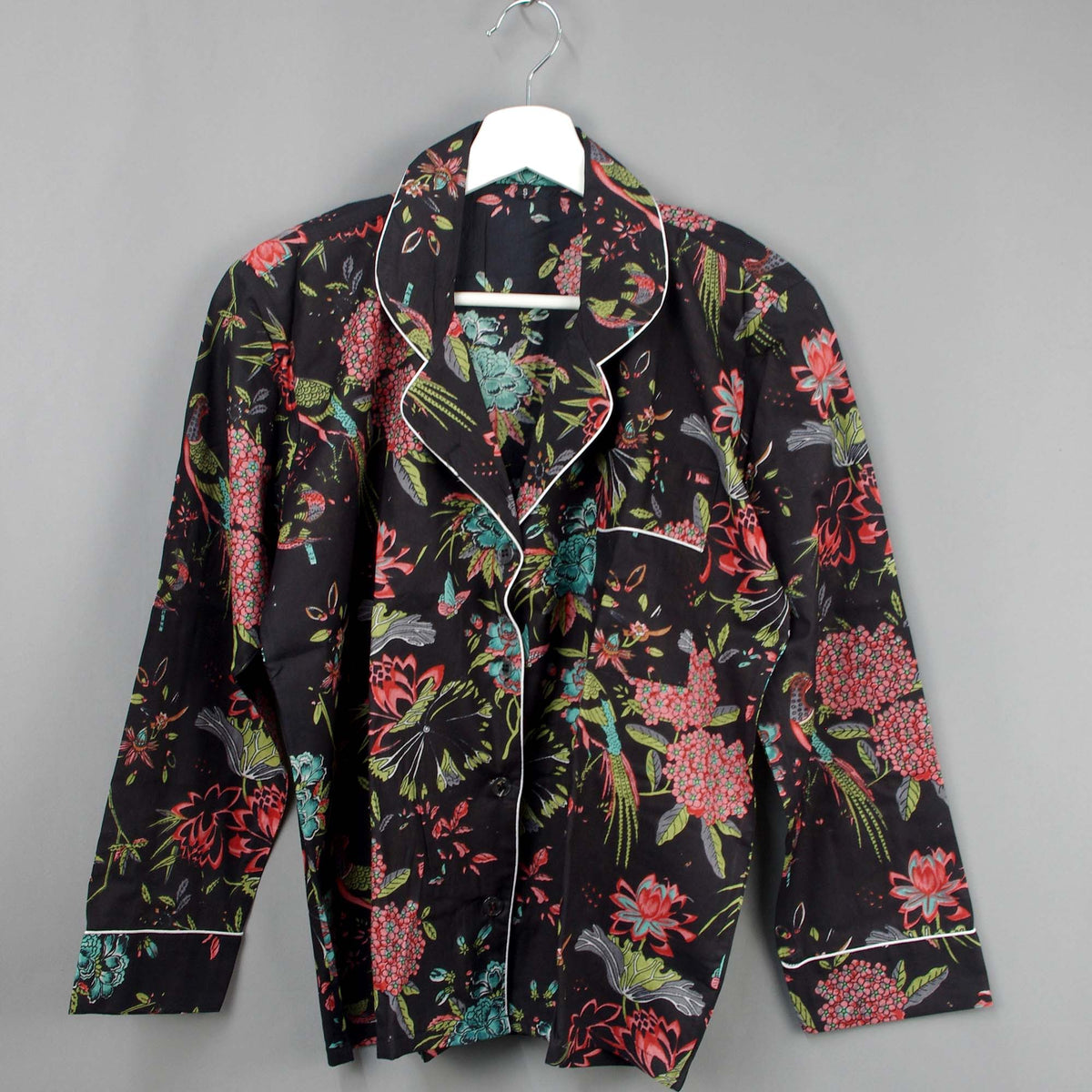 Long Cotton Pyjama Set - Black Bird Print
