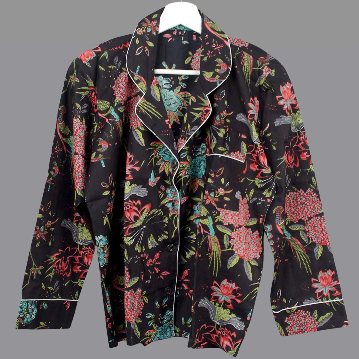 Langes bläulich-graues Pyjama-Set mit rosafarbenem Blumen-Blockdruck-Design