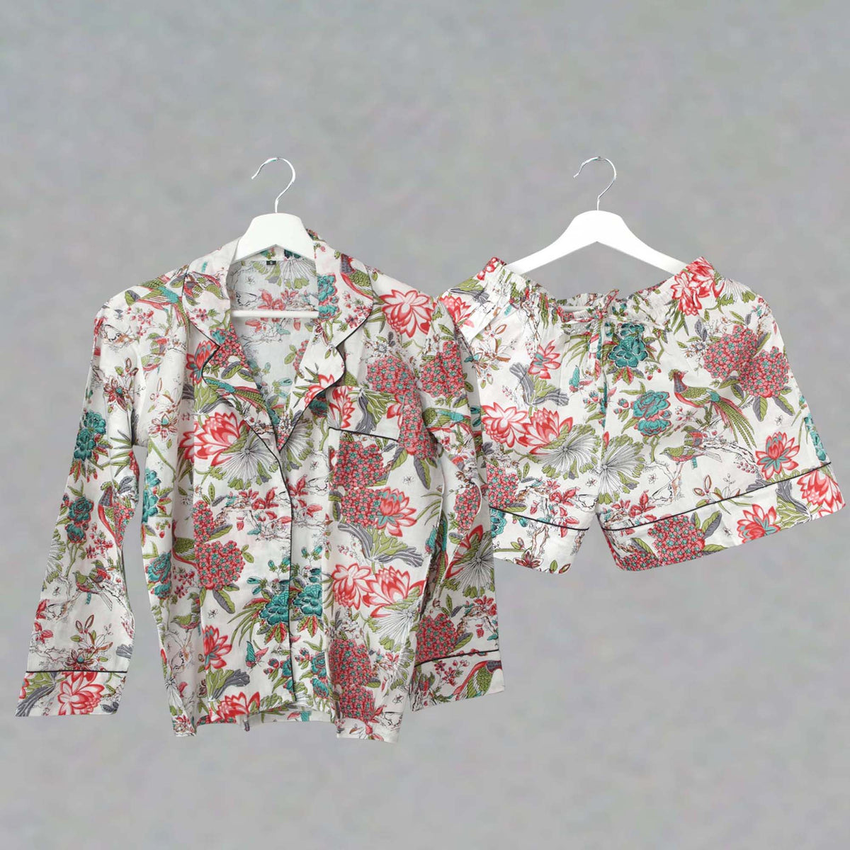 Short Cotton PJ Set With Pouch - Teal Floral On White