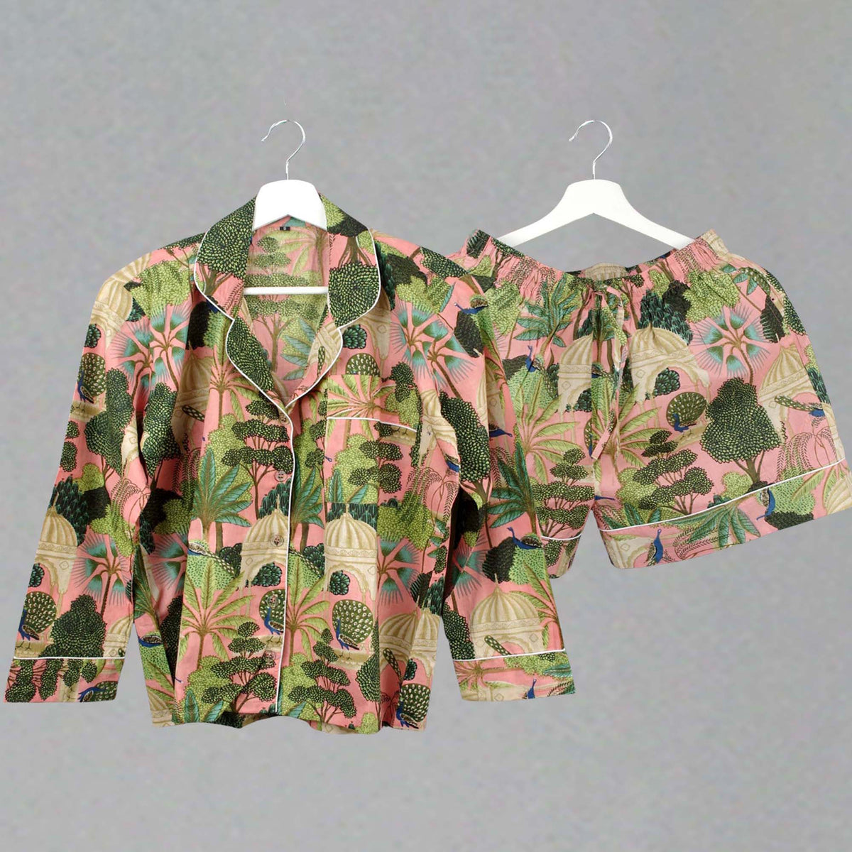 Short Cotton PJ Set With Pouch - Peacock Print