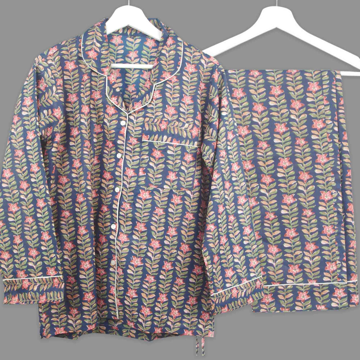 Long Cotton Pyjama Set - Jungle Trail Blossoms On Navy Blue