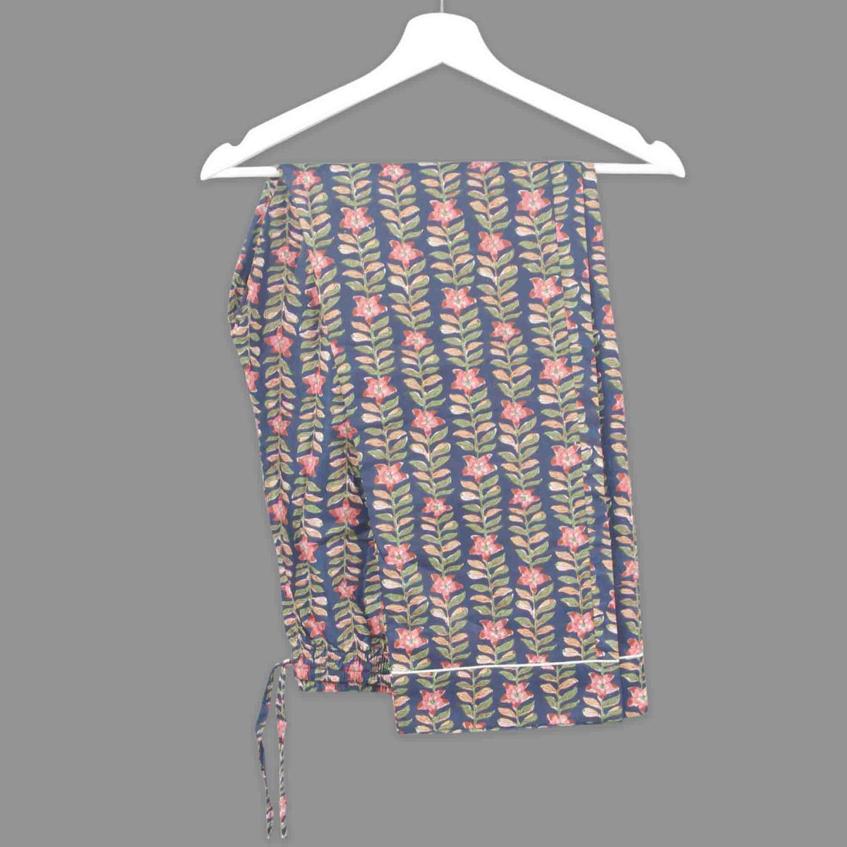 Long Cotton Pyjama Set - Jungle Trail Blossoms On Navy Blue