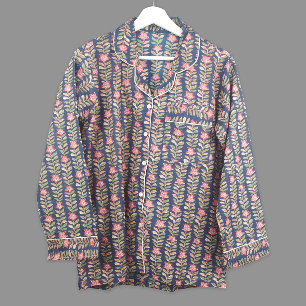Long Cotton Pyjama Set - Jungle Trail Blossoms On Navy Blue