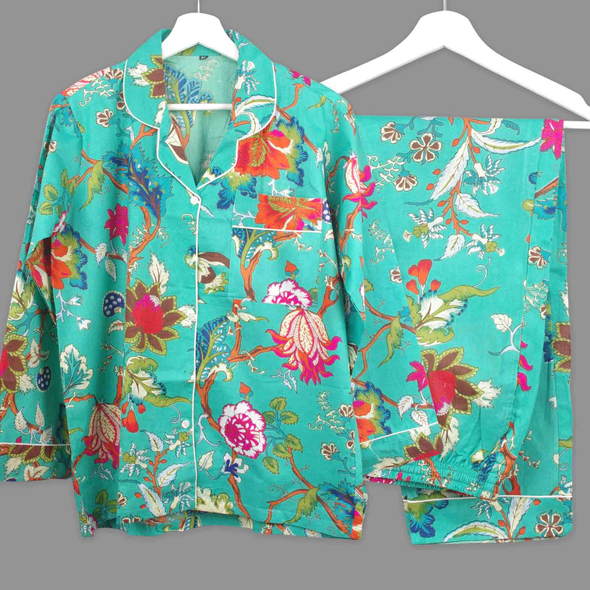Long Cotton Pyjama Set - Teal Tropical Floral