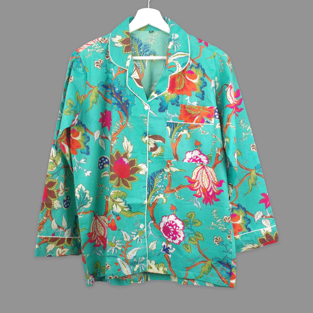 Long Cotton Pyjama Set - Teal Tropical Floral