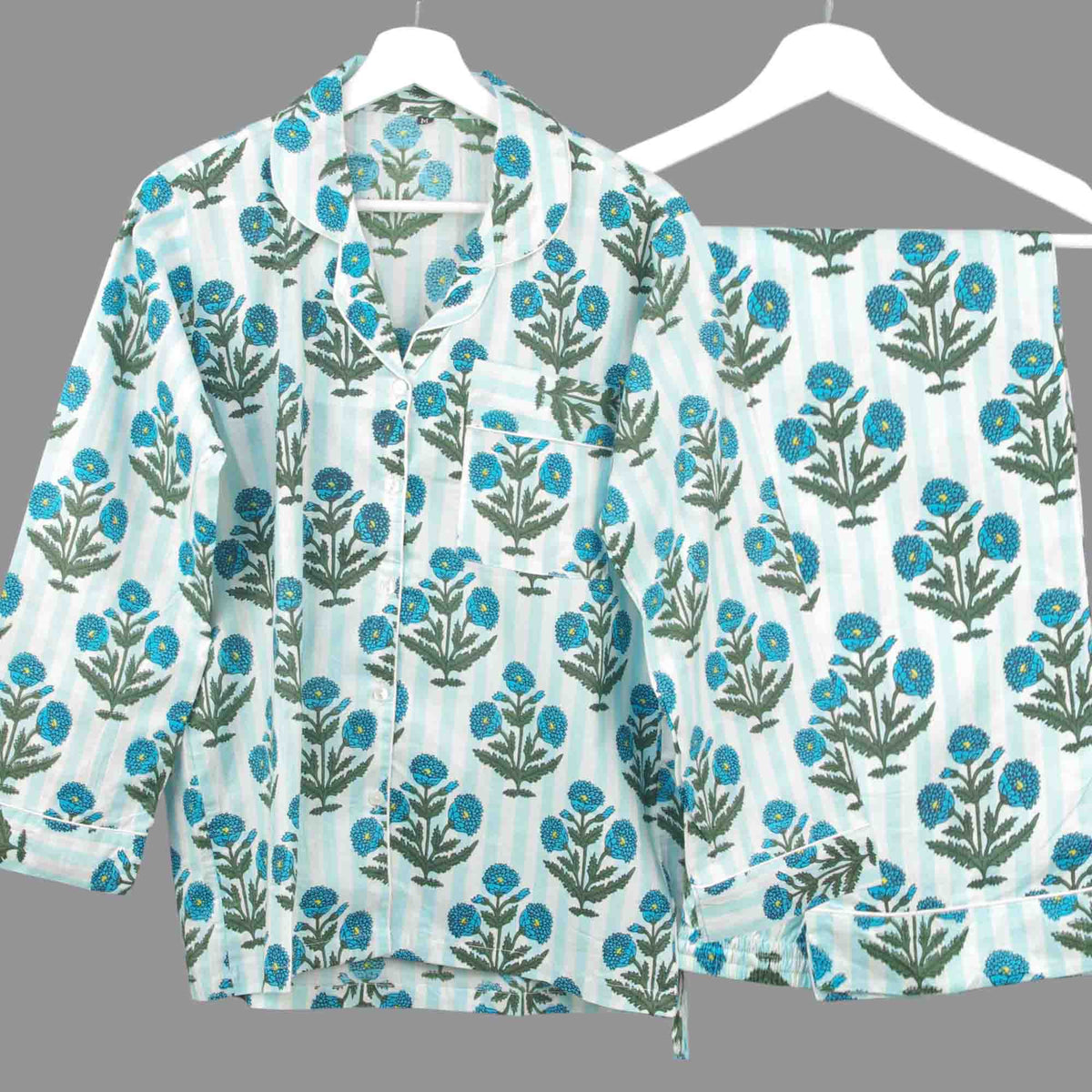Long Cotton Pyjama Set - Blue Bloom Stripe