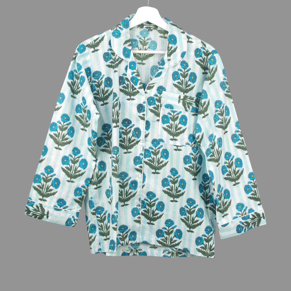 Long Cotton Pyjama Set - Blue Bloom Stripe