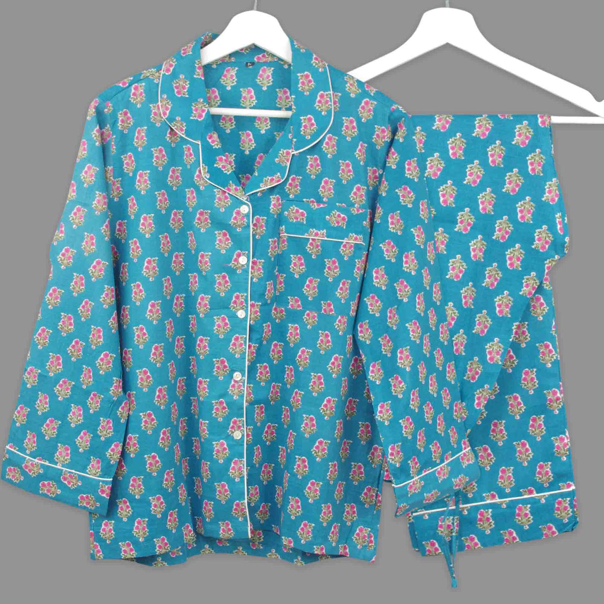 Long Cotton Pyjama Set - Blue Teal With Pink Floral