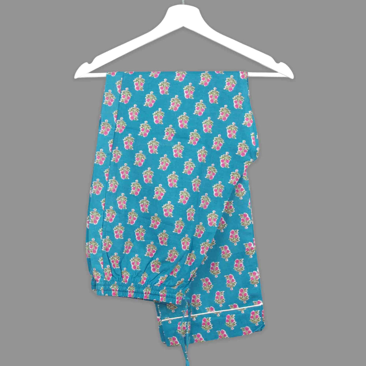 Long Cotton Pyjama Set - Blue Teal With Pink Floral