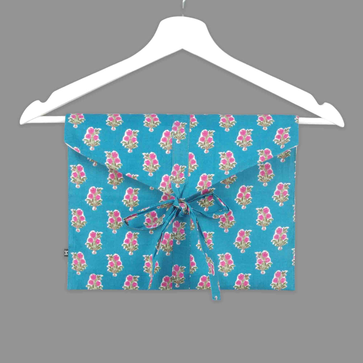 Long Cotton Pyjama Set - Blue Teal With Pink Floral
