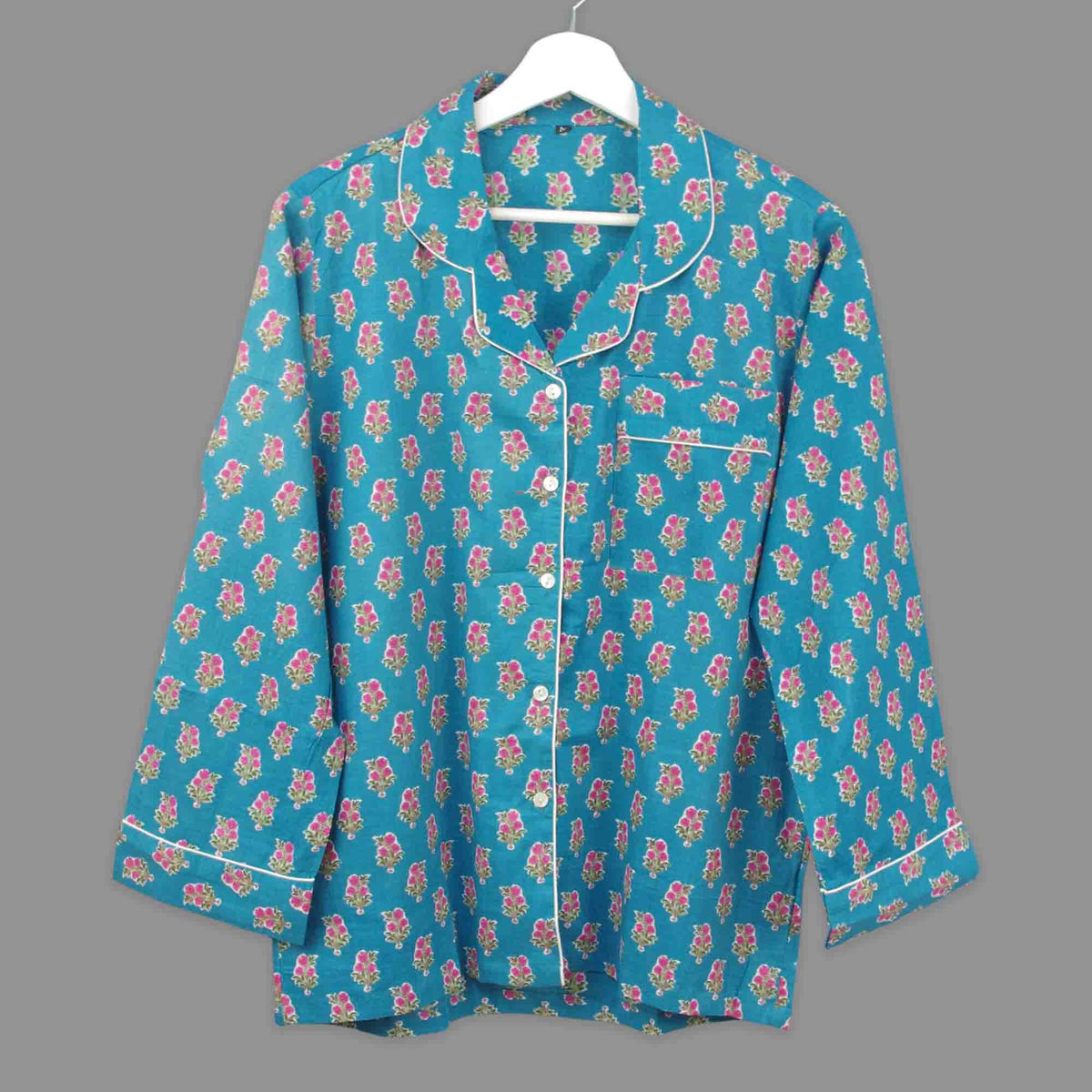 Long Cotton Pyjama Set - Blue Teal With Pink Floral