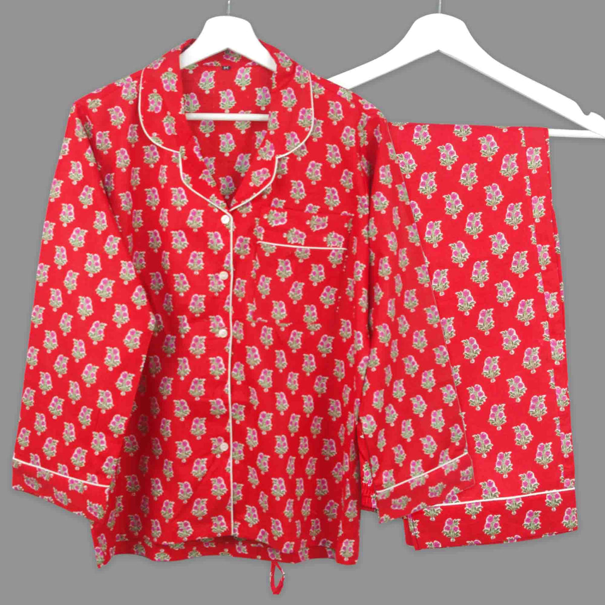Long Cotton Pyjama Set - Red & Pink Floral