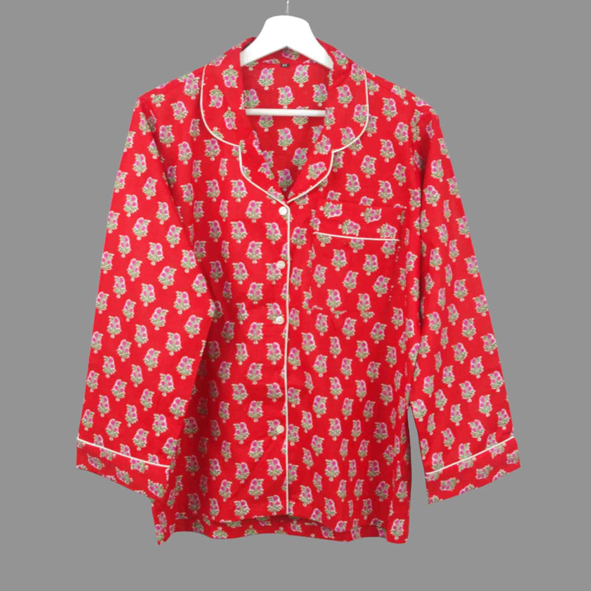 Long Cotton Pyjama Set - Red & Pink Floral