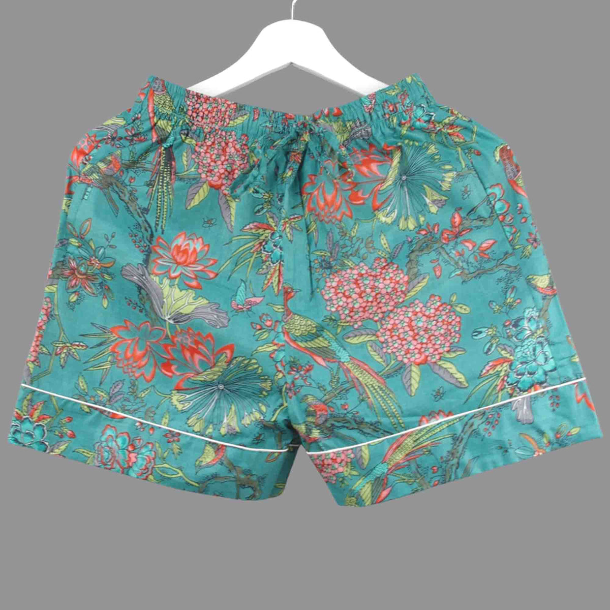 Langes bläulich-graues Pyjama-Set mit rosafarbenem Blumen-Blockdruck-Design