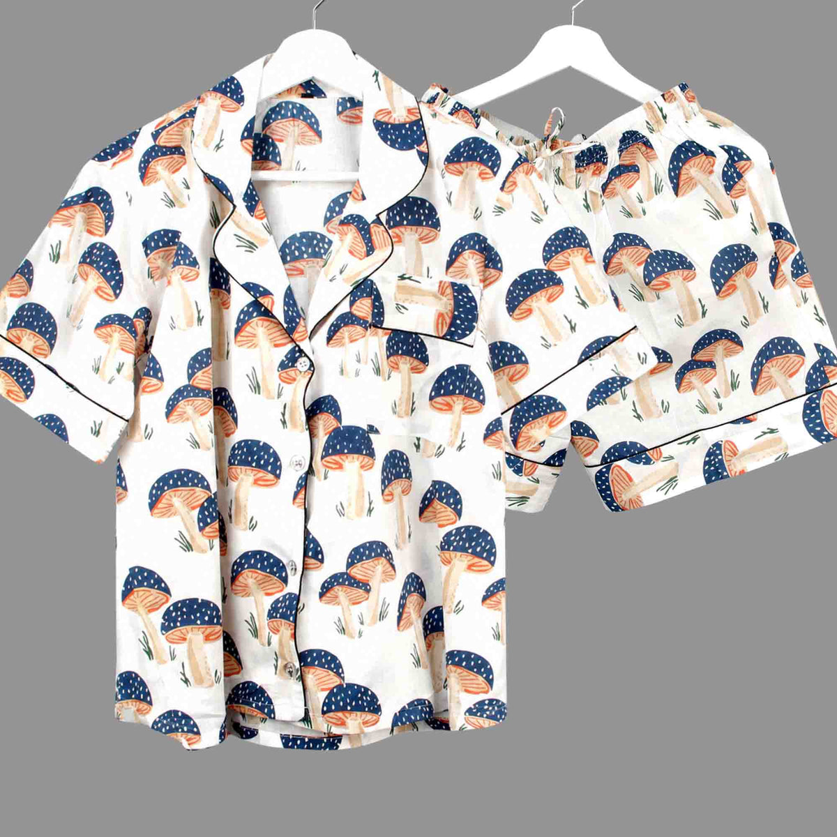 Short Cotton PJ Set Without Pouch - Blue Mushroom With White