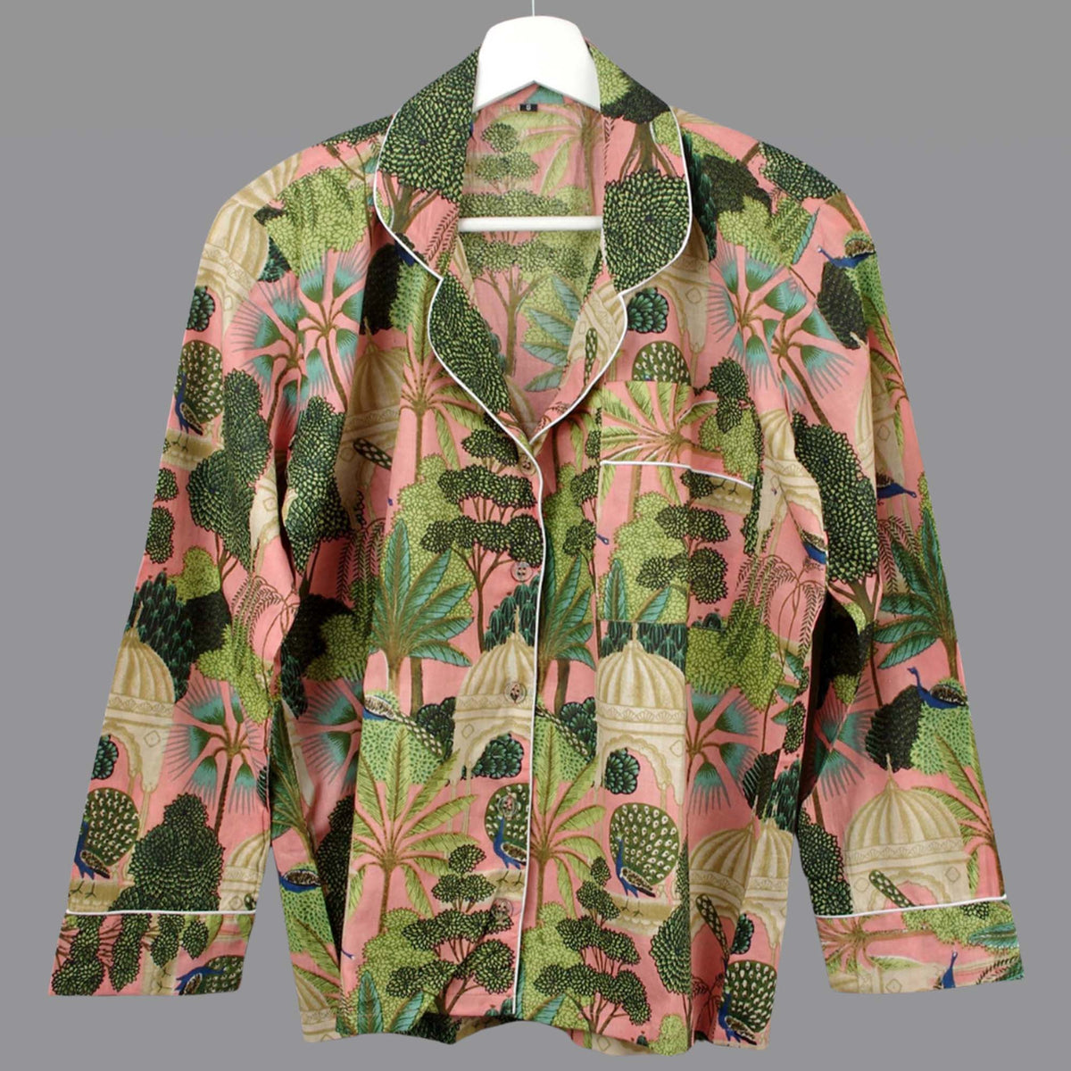 Langes bläulich-graues Pyjama-Set mit rosafarbenem Blumen-Blockdruck-Design