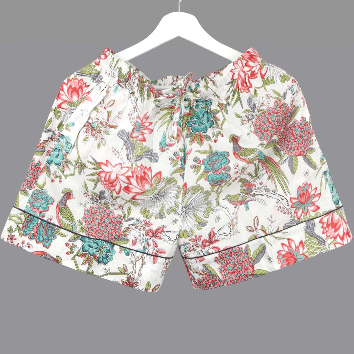 Langes bläulich-graues Pyjama-Set mit rosafarbenem Blumen-Blockdruck-Design