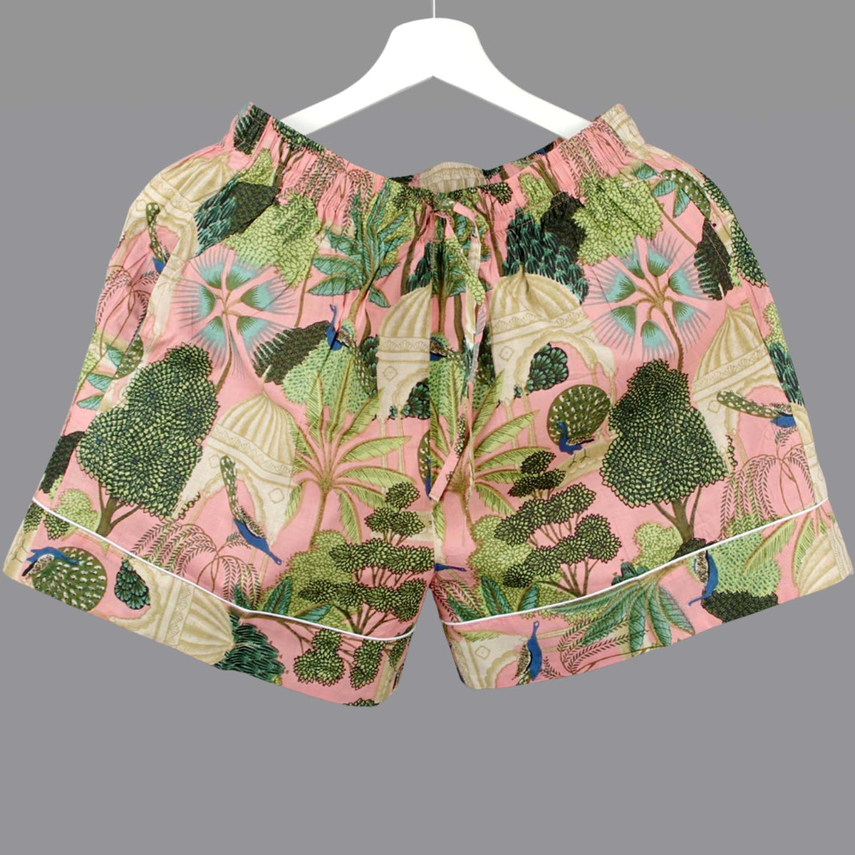 Langes bläulich-graues Pyjama-Set mit rosafarbenem Blumen-Blockdruck-Design