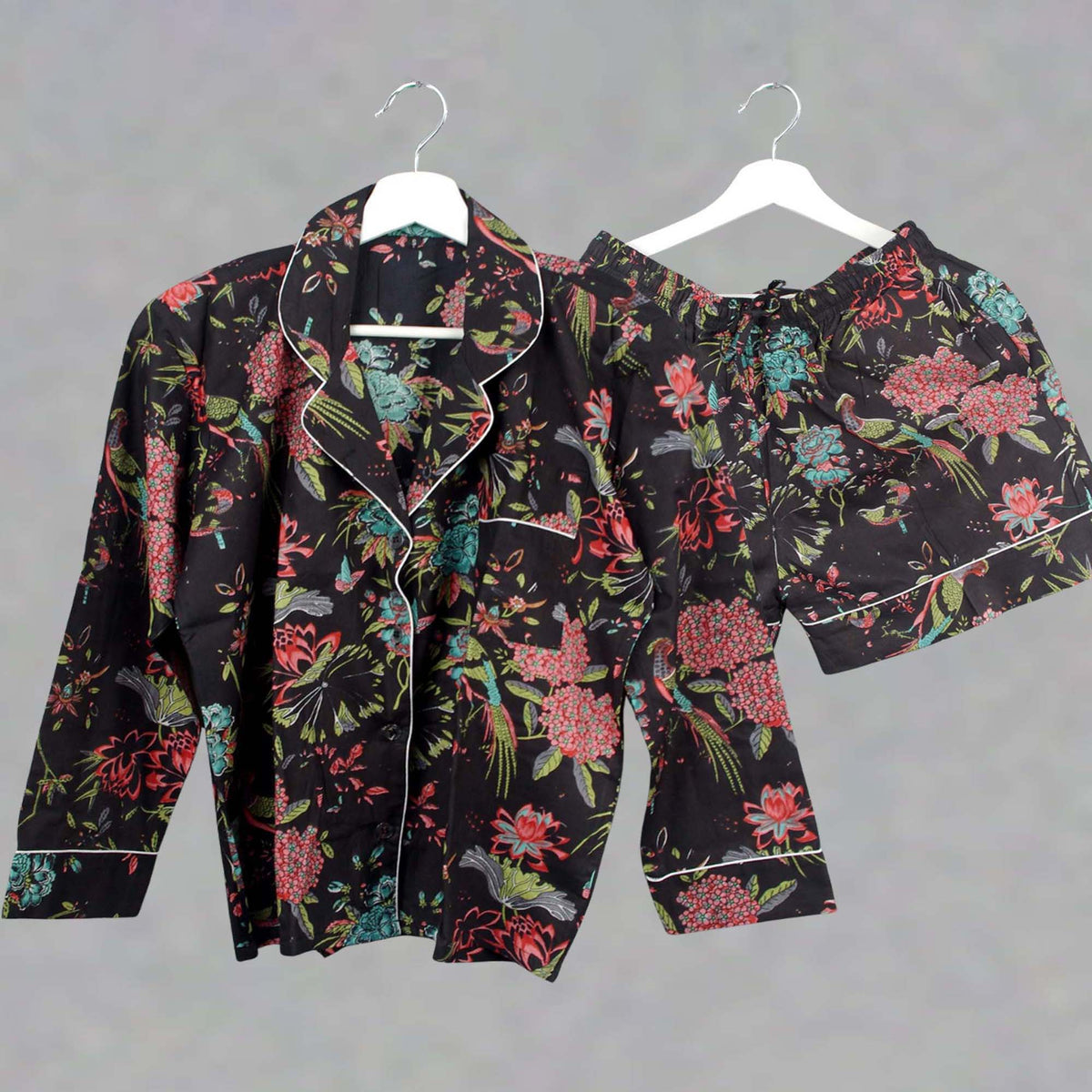 Short Cotton PJ Set With Pouch - Black Bird Print
