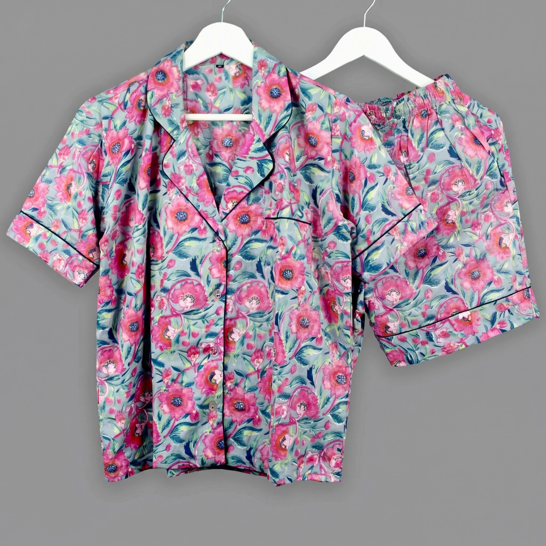Short Cotton PJ Set Without Pouch- Grey Berry Bloom