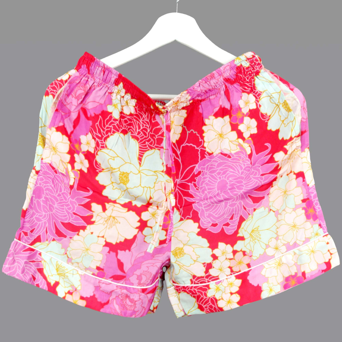 Langes bläulich-graues Pyjama-Set mit rosafarbenem Blumen-Blockdruck-Design