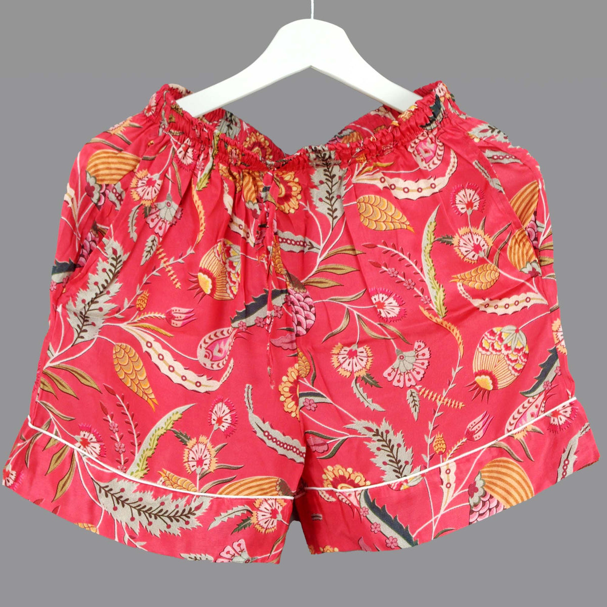 Langes bläulich-graues Pyjama-Set mit rosafarbenem Blumen-Blockdruck-Design