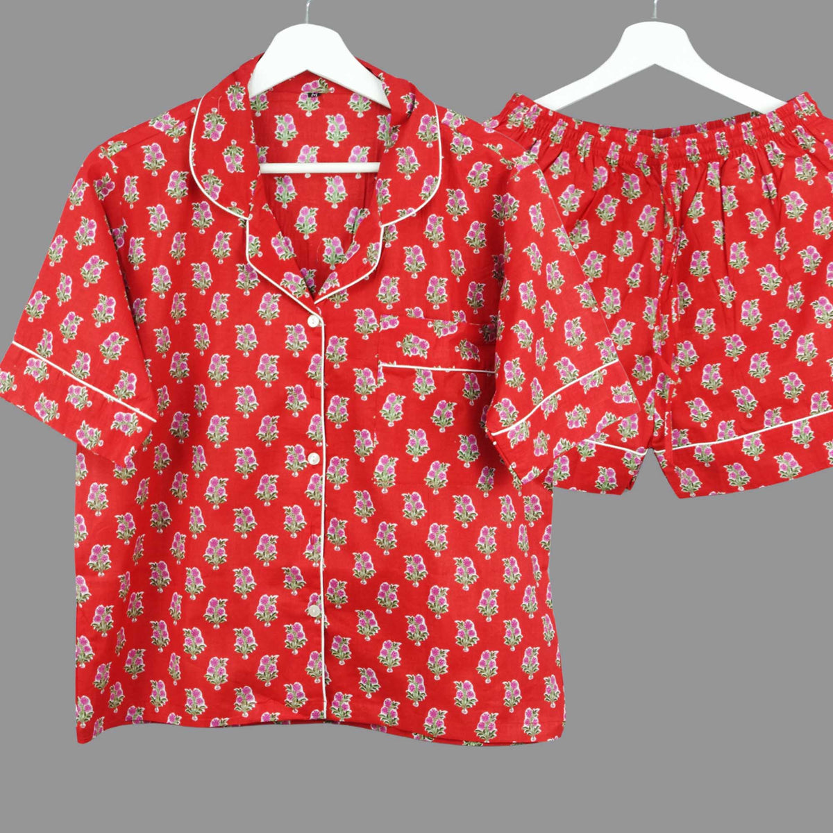 Short Cotton PJ Set With Pouch- Red Floral