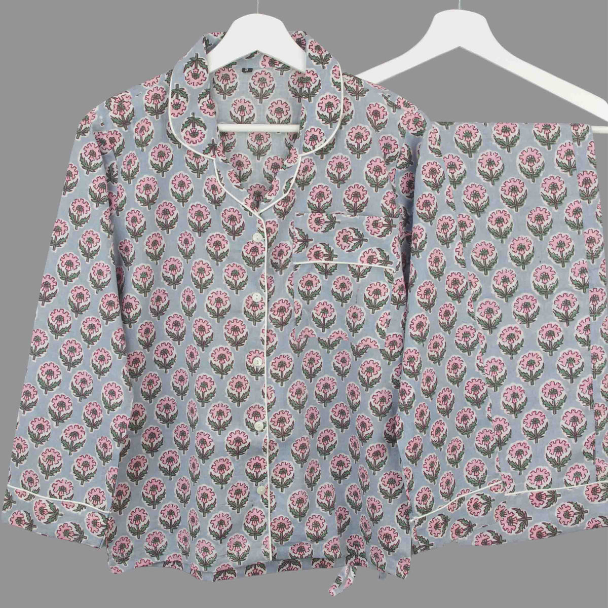 Long Block Printed Cotton Pyjama Set - Dusty Blue Botanical