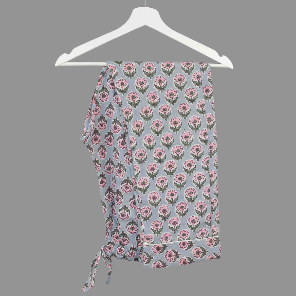 Long Block Printed Cotton Pyjama Set - Dusty Blue Botanical
