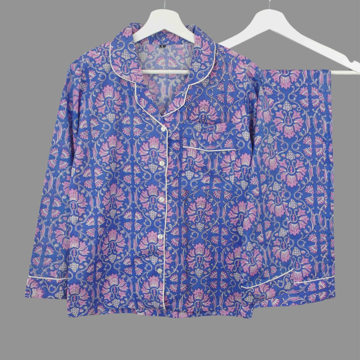 Long Block Printed Cotton Pyjama Set - Royal Blue & Orchid Pink