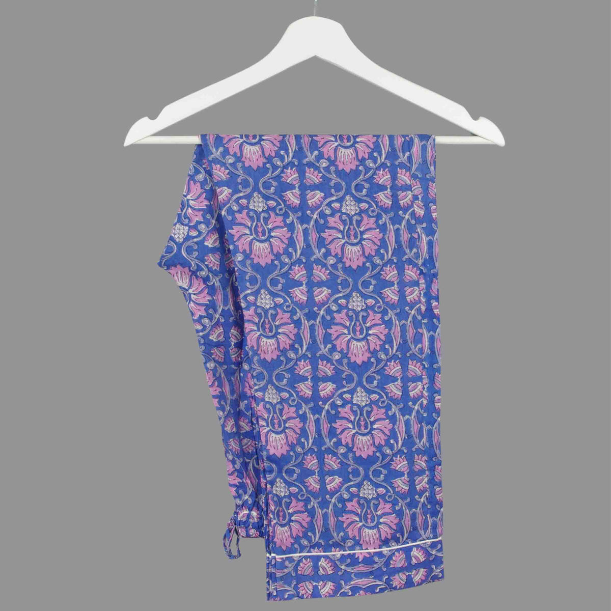 Long Block Printed Cotton Pyjama Set - Royal Blue & Orchid Pink
