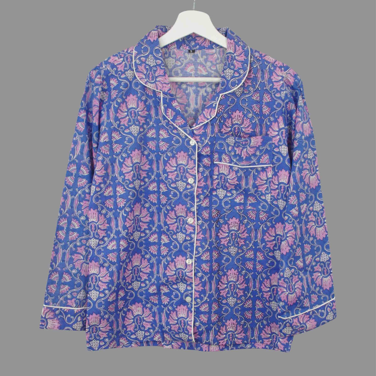 Long Block Printed Cotton Pyjama Set - Royal Blue & Orchid Pink
