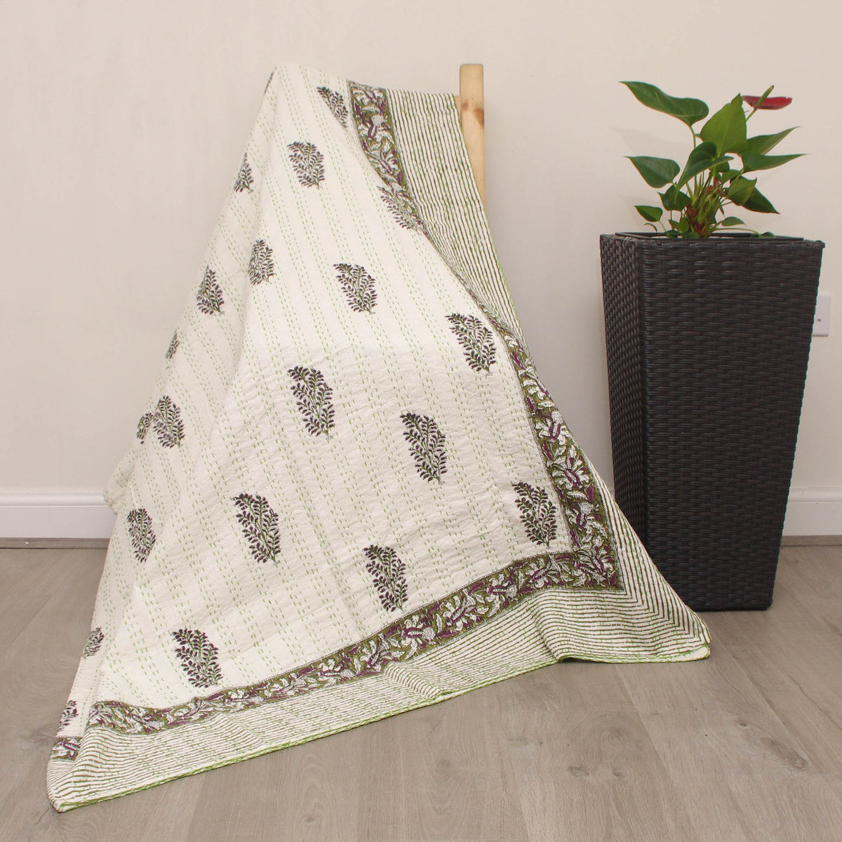 Purple & Green Paisley Print Indian Cotton Queen Kantha Quilt