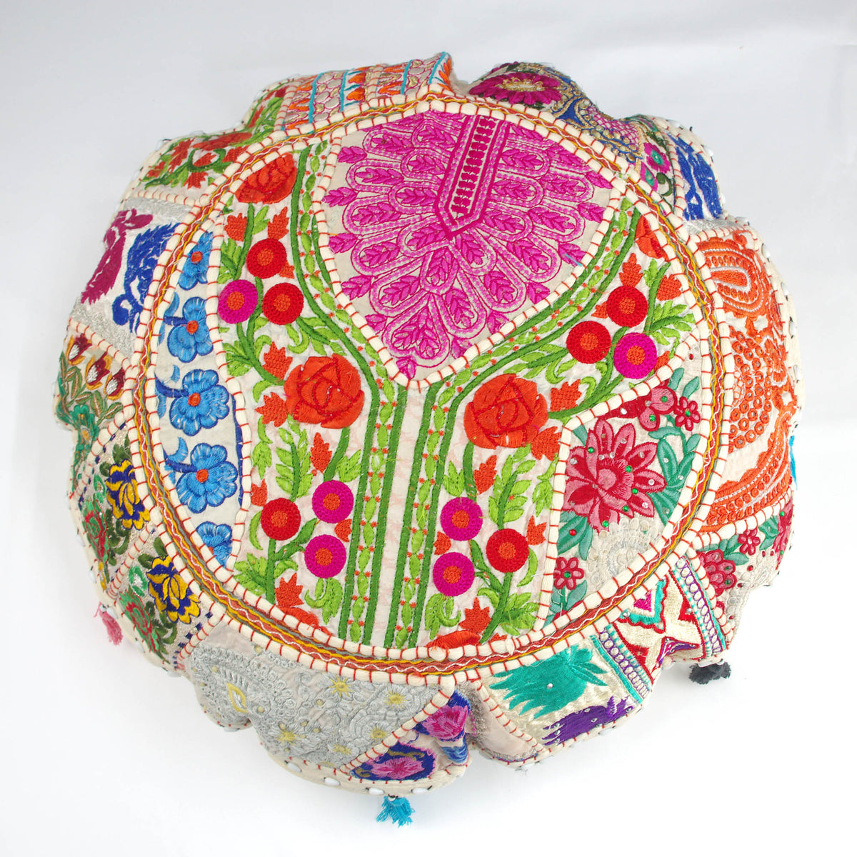 Round Floor Embroidered Patchwork Pouf Ottoman Indian Vintage Cushion Cover 22"