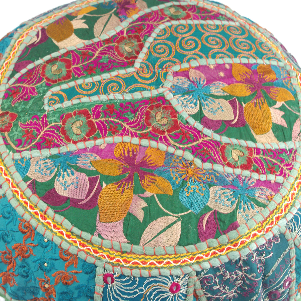 Round Floor Embroidered Patchwork Pouf Ottoman Indian Vintage Cushion Cover 22"
