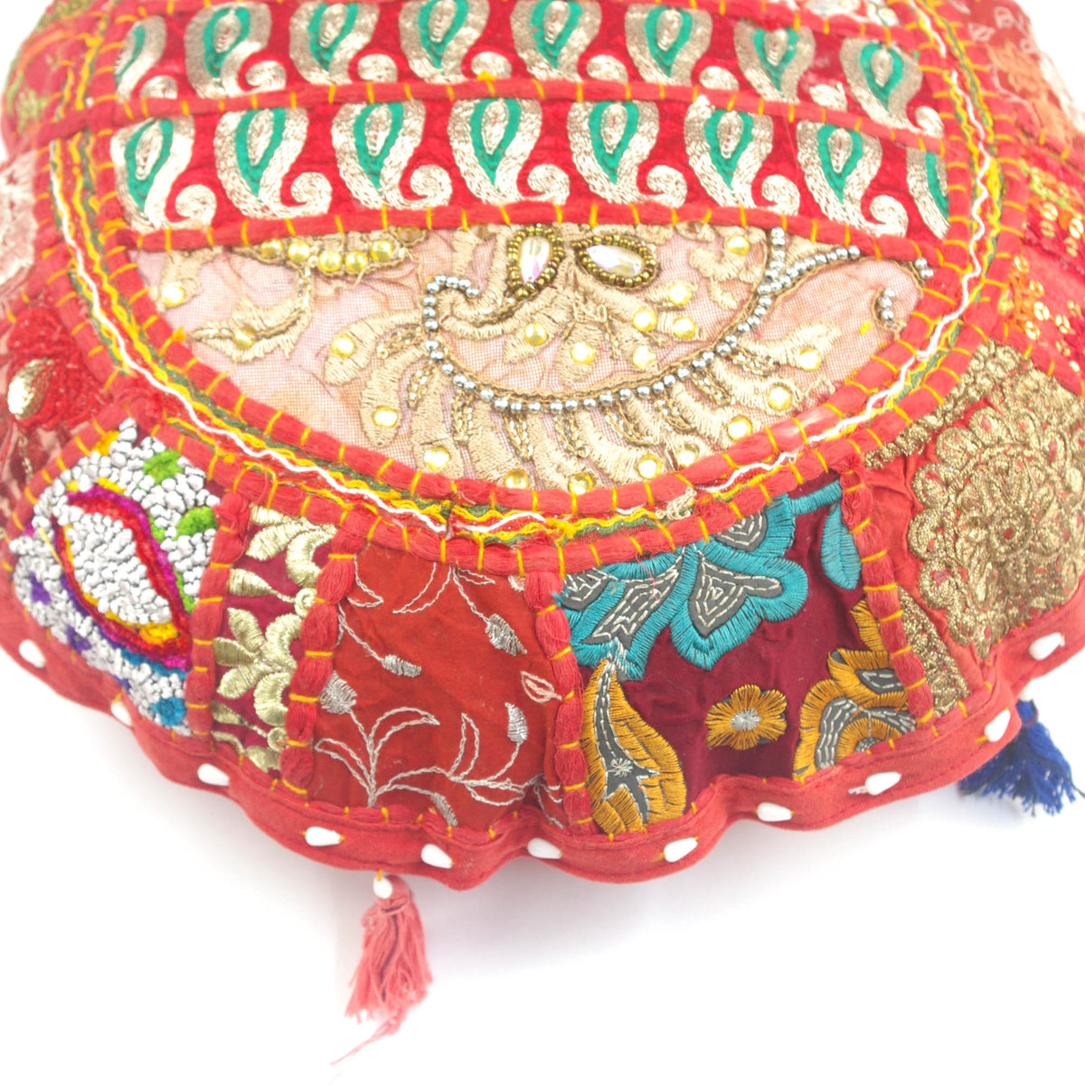 Round Red Floor Embroidered Patchwork Pouf Ottoman Indian Vintage Cushion Cover 18"