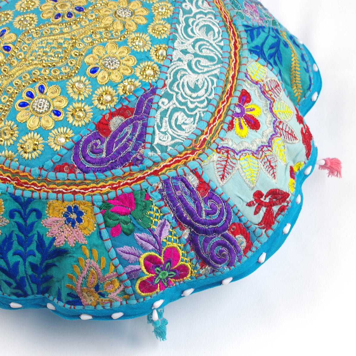 Round Sky Blue Floor Embroidered Patchwork Pouf Ottoman Indian Vintage Cushion Cover 18"