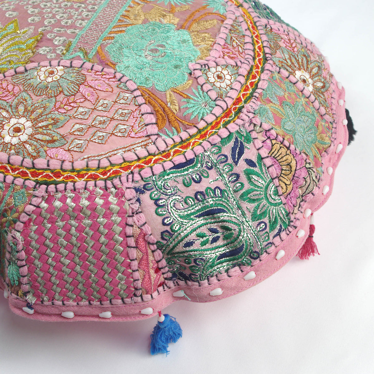 Round Pink Floor Embroidered Patchwork Pouf Ottoman Indian Vintage Cushion Cover 18"