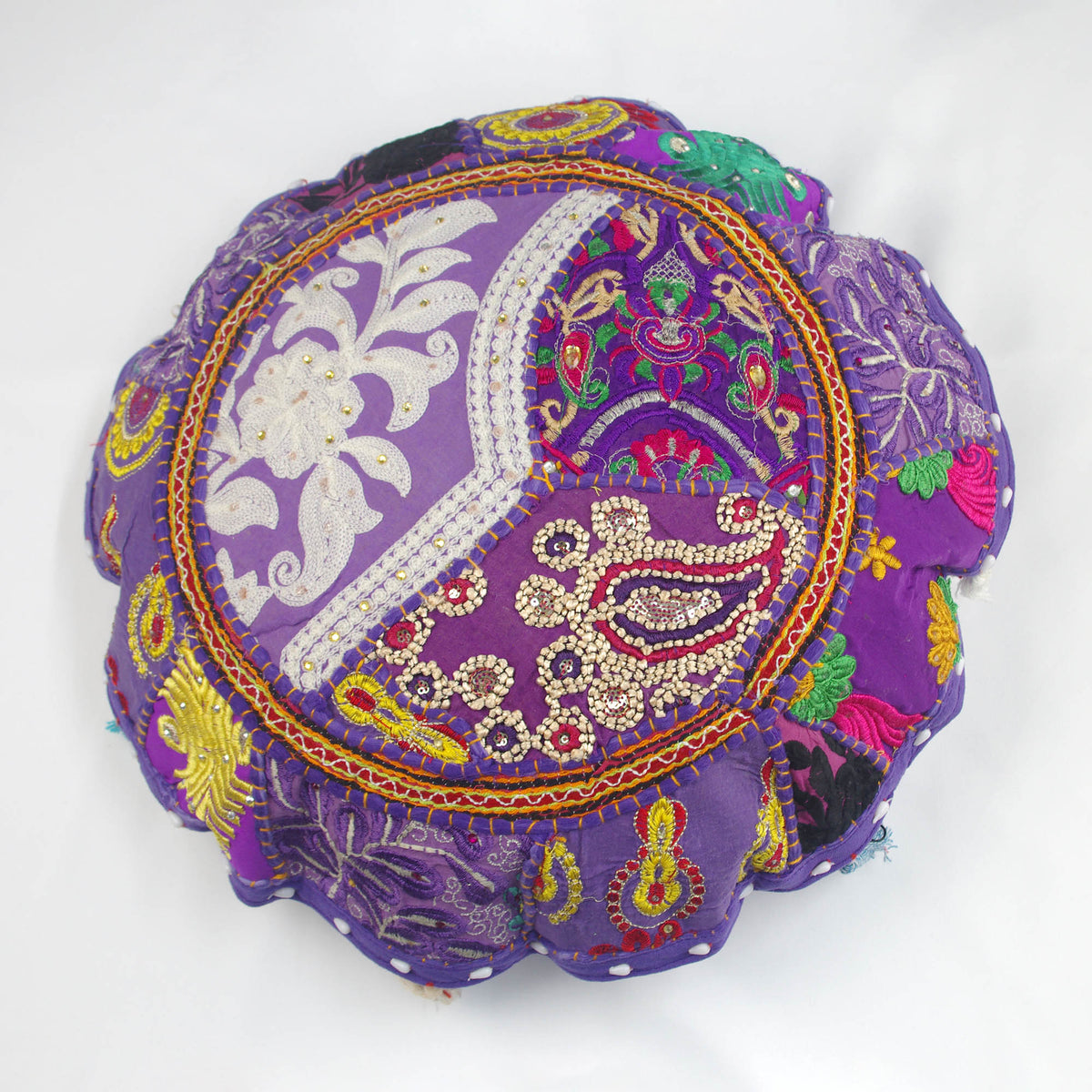 Round Purple Floor Embroidered Patchwork Pouf Ottoman Indian Vintage Cushion Cover 18"