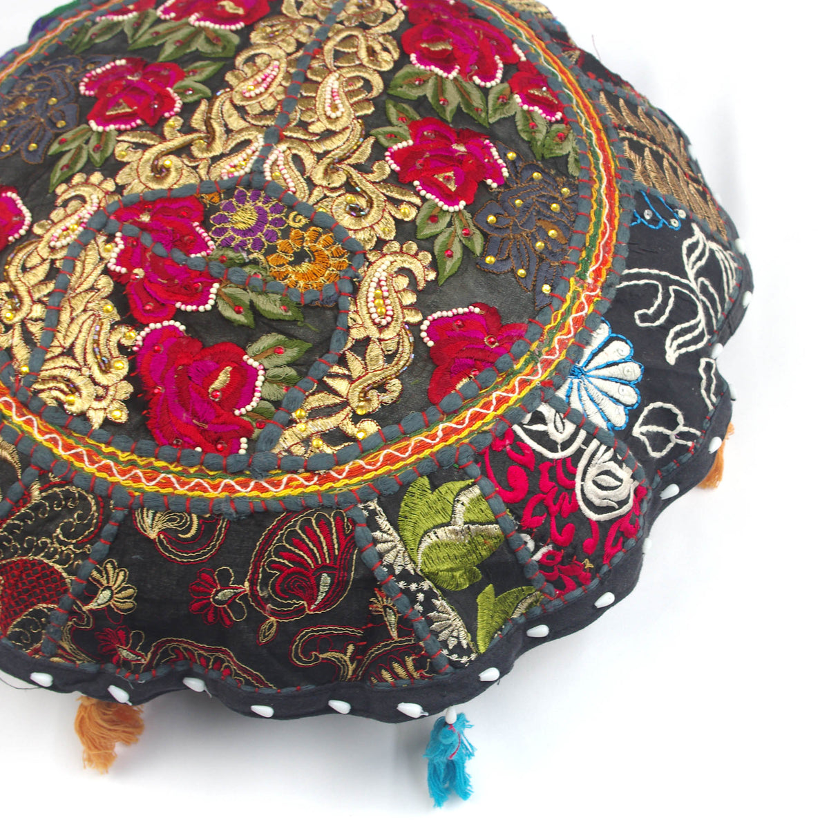 Round Black Floor Embroidered Patchwork Pouf Ottoman Indian Vintage Cushion Cover 18"