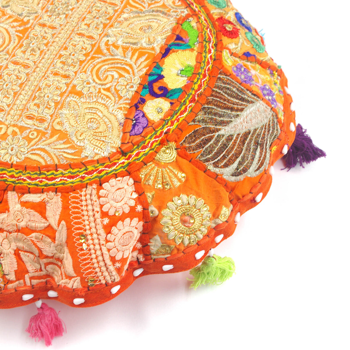 Orange Round Floor Embroidered Patchwork Pouf Ottoman Indian Vintage Cushion Cover 18"