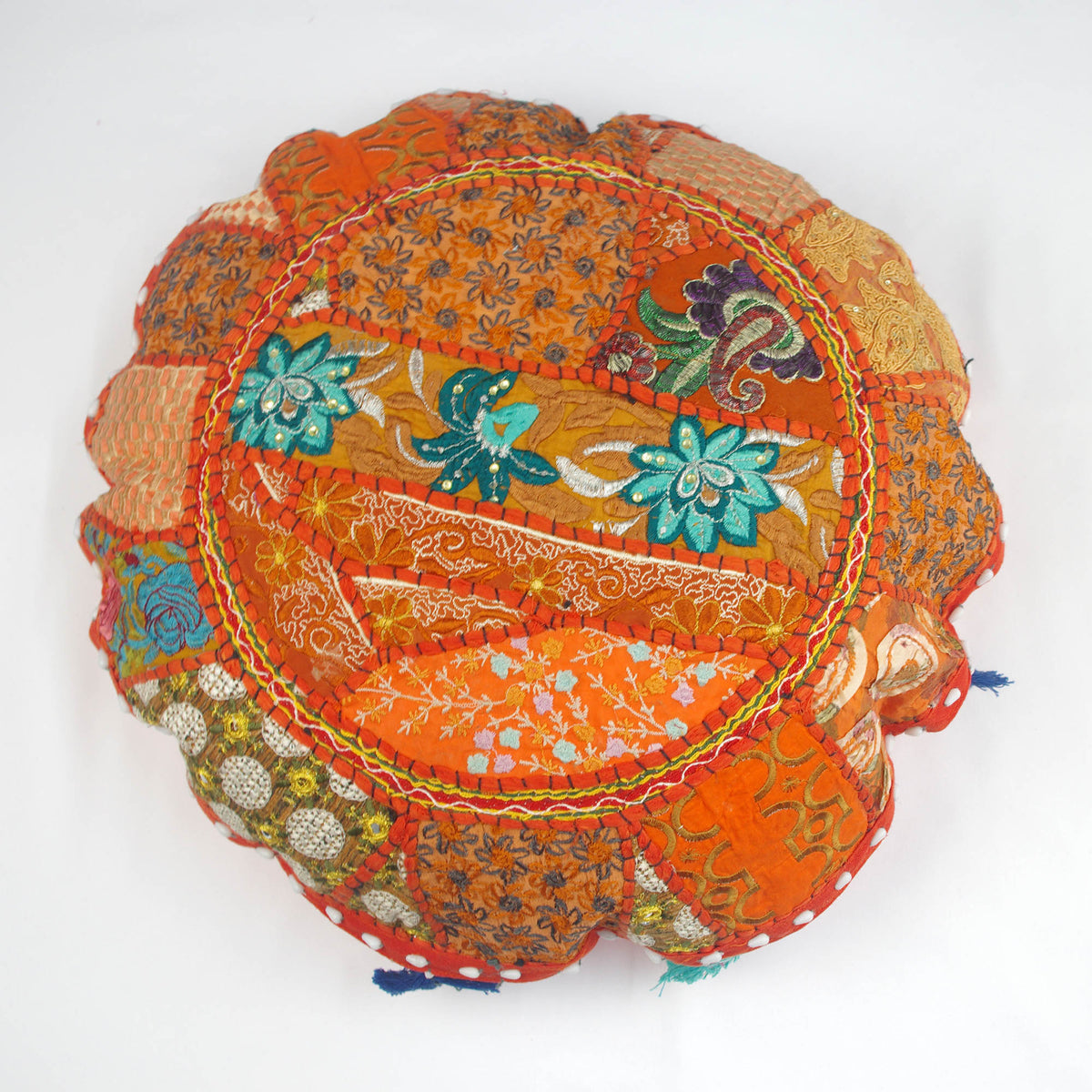 Orange With Teal Flowers Round Floor Embroidered Patchwork Pouf Ottoman Indian Vintage Cushion Cover 18"