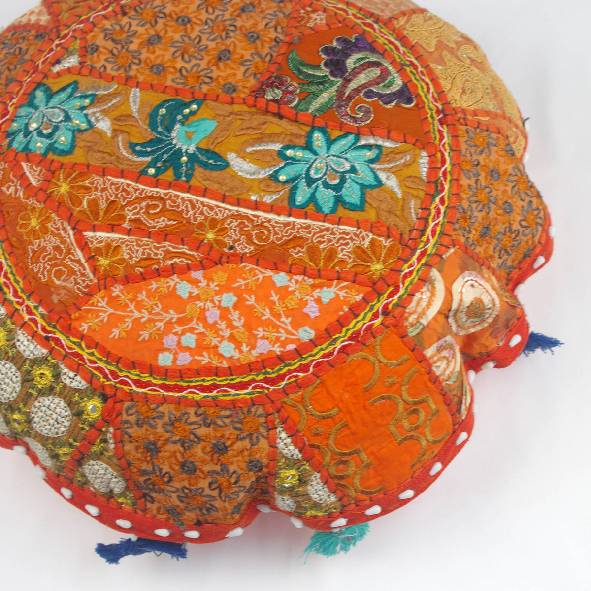 Orange With Teal Flowers Round Floor Embroidered Patchwork Pouf Ottoman Indian Vintage Cushion Cover 18"