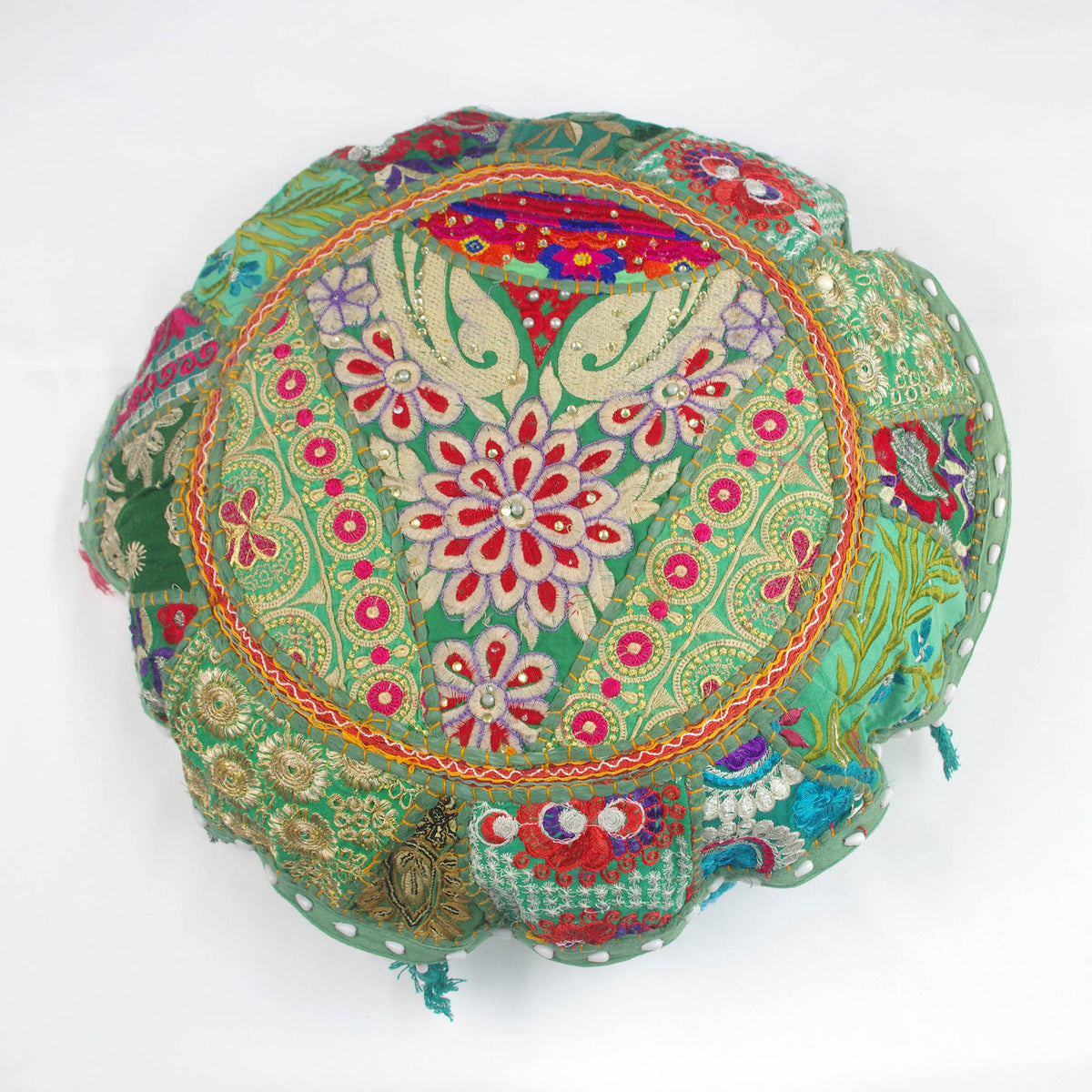 Green Red Floral Round Floor Embroidered Patchwork Pouf Ottoman Indian Vintage Cushion Cover 18"