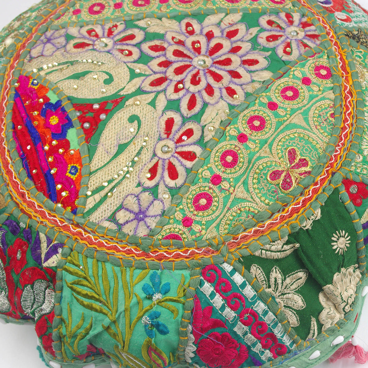 Green Red Floral Round Floor Embroidered Patchwork Pouf Ottoman Indian Vintage Cushion Cover 18"