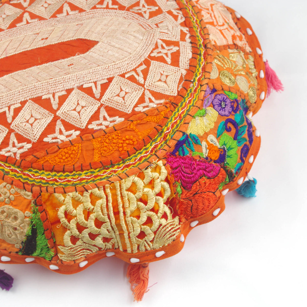 Orange Kashmiri Round Floor Embroidered Patchwork Pouf Ottoman Indian Vintage Cushion Cover 18"