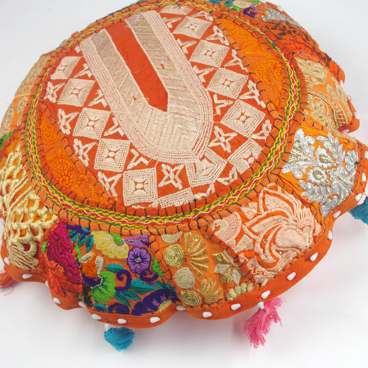 Orange Kashmiri Round Floor Embroidered Patchwork Pouf Ottoman Indian Vintage Cushion Cover 18"