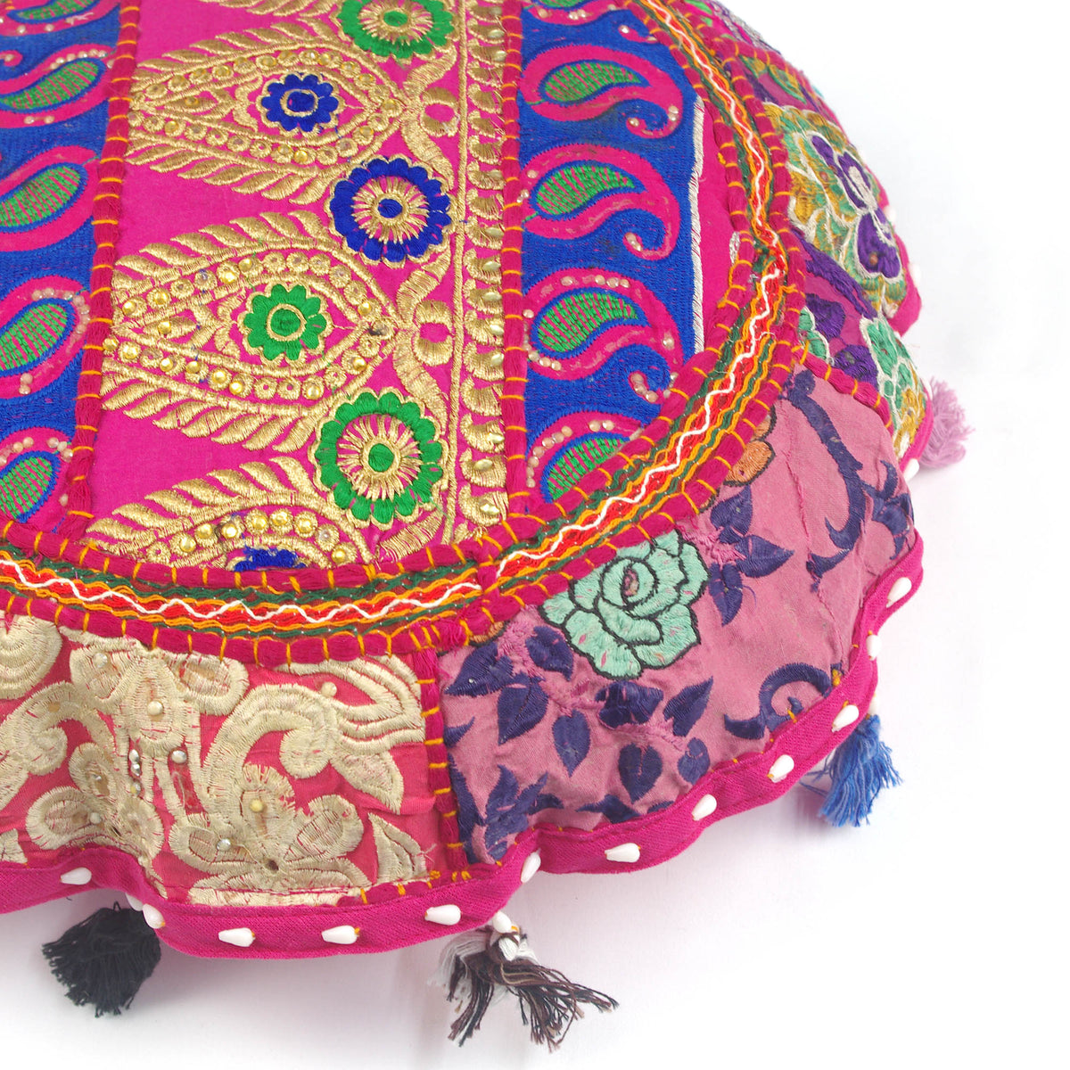 Pink Paisley Round Floor Embroidered Patchwork Pouf Ottoman Indian Vintage Cushion Cover 18"