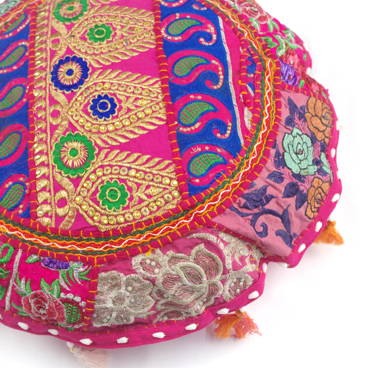 Pink Paisley Round Floor Embroidered Patchwork Pouf Ottoman Indian Vintage Cushion Cover 18"